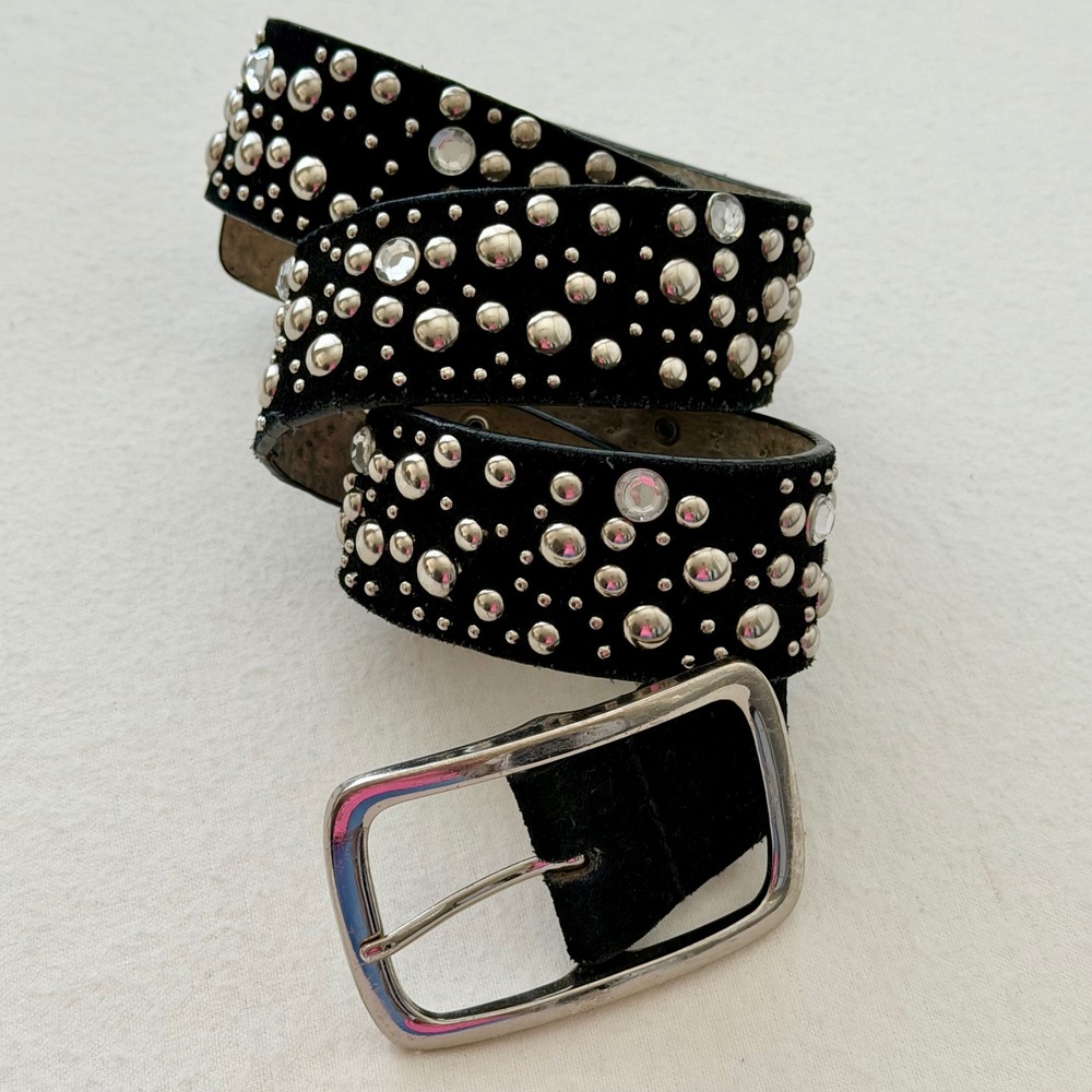 Vtg. Y2K Black Suede Leather Rhinestone Studded Belt Silver Western Goth M/L